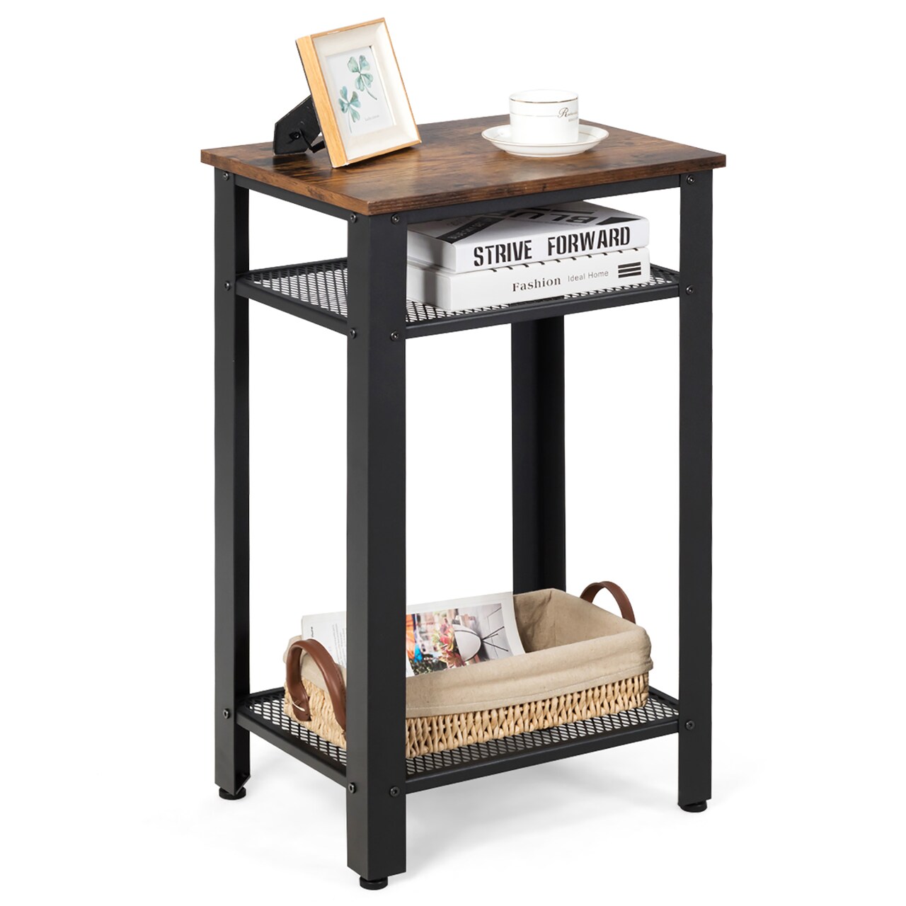 Costway 3-Tier Industrial Tall Nightstand Side End Telephone Table w/ Mesh Shelves